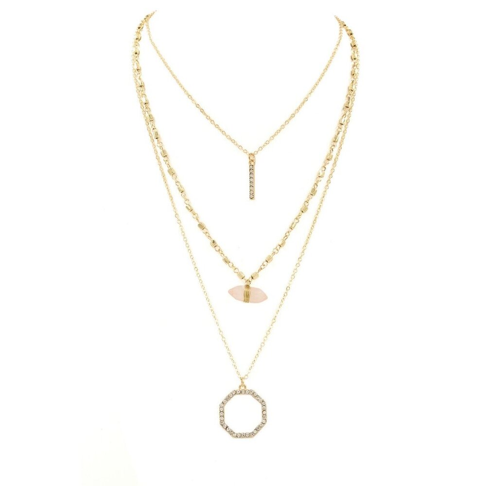 TRENDING FASHION Layered Style Rose Quartz Stone Goldtone Pendant Necklace NWT